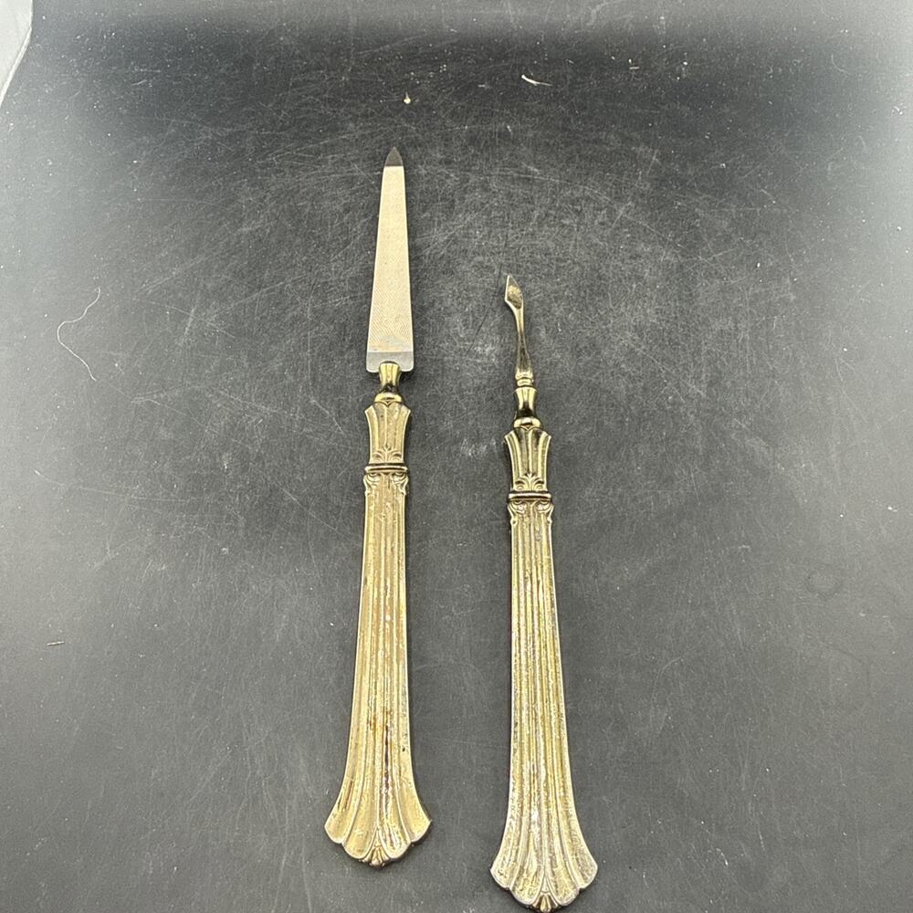 Vintage Silverplate Hollywood Regency Fluted Dresser Vanity Manicure Set 2 Pc
